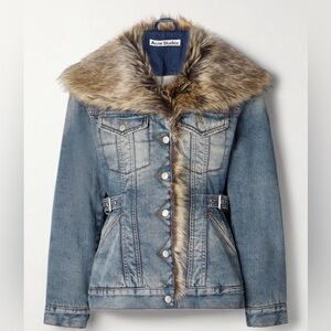 New Acne Studios Light Blue Denim Jacket with Brown Faux Fur